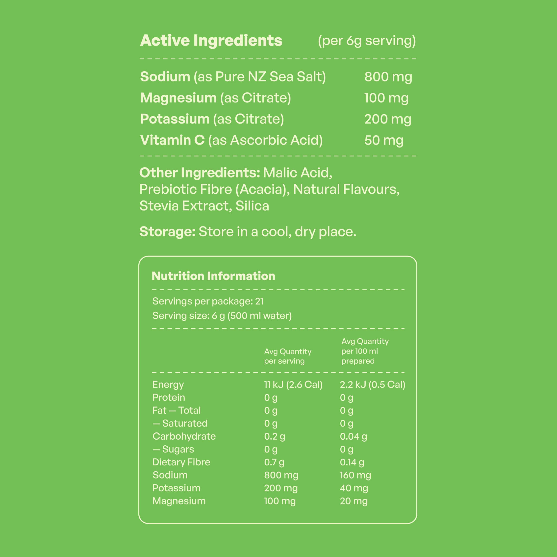 Daeli Hydration Salted Limeade electrolyte nutrition panel showing active ingredients, electrolytes, and daily values per serving - clean and transparent hydration formula.