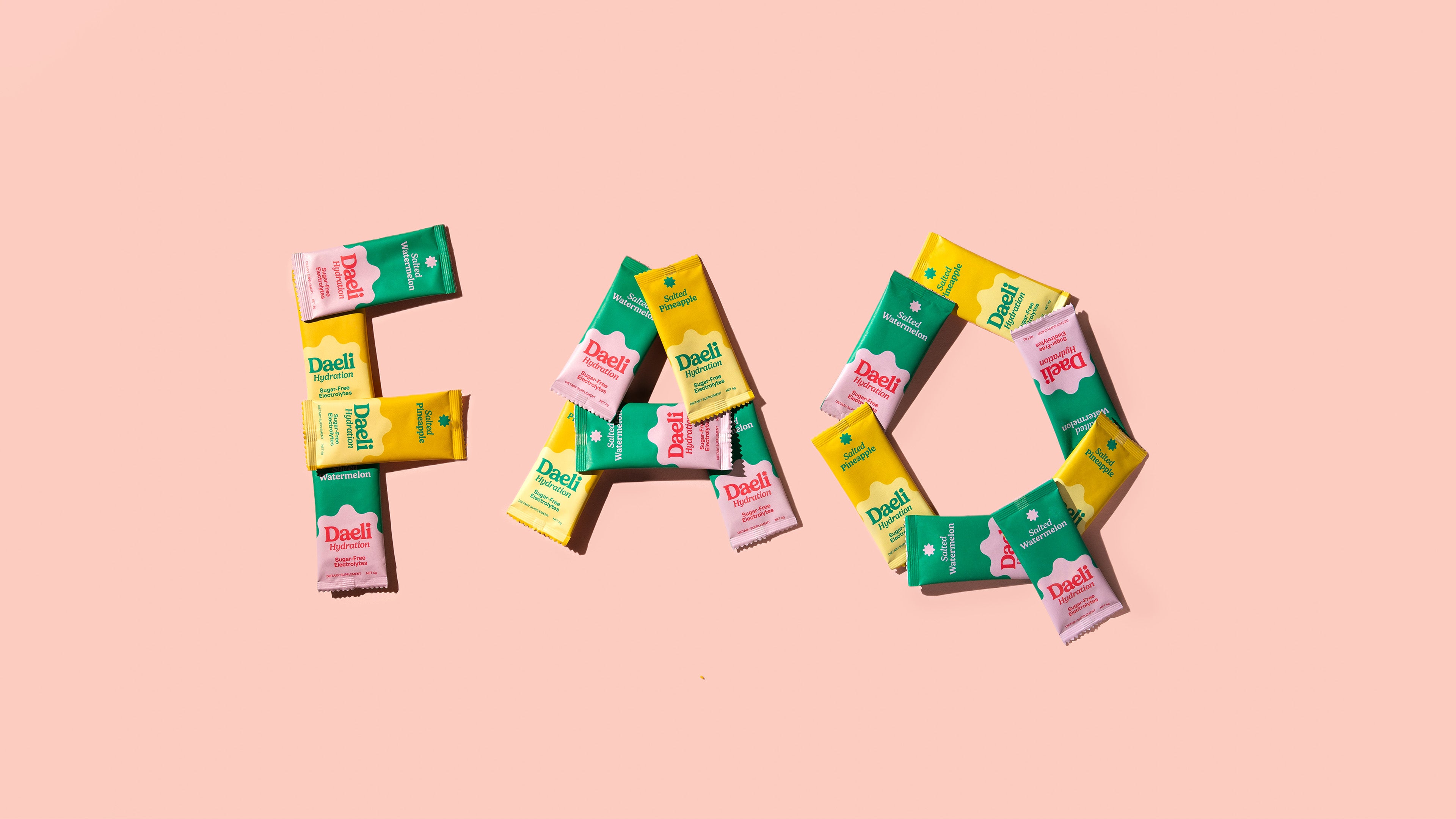 FAQ - Daeli hydration electrolyte sachets arranged to spell FAQ on a peach background, styled for desktop.