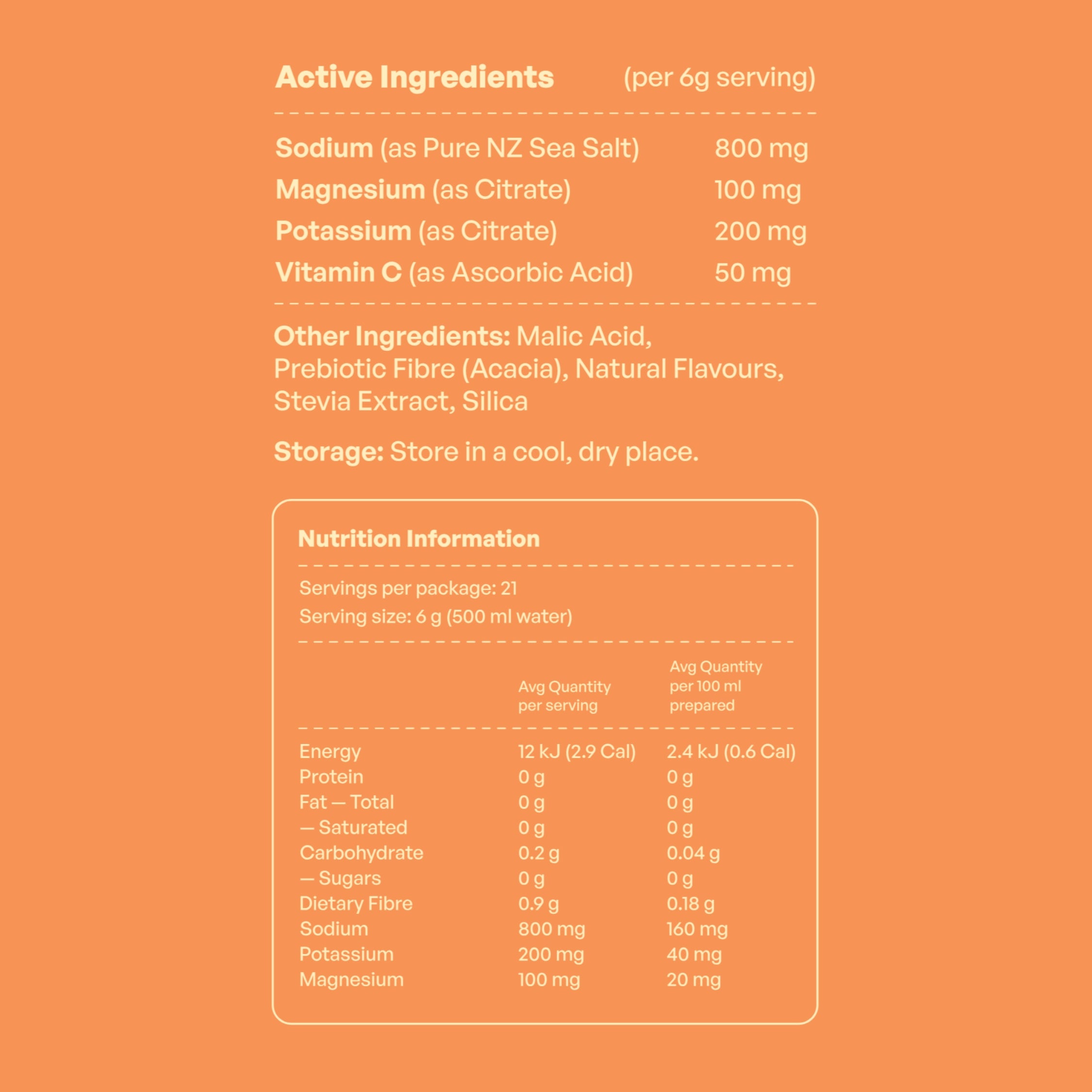 Daeli Hydration Salted Mango electrolyte nutrition panel showing active ingredients, electrolytes, and daily values per serving - clean and transparent hydration formula.